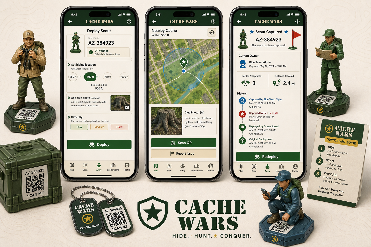 Cache Wars app workflow with deploy scout, nearby cache, scout captured screens, modern QR scouts, cache crate, and QR tags