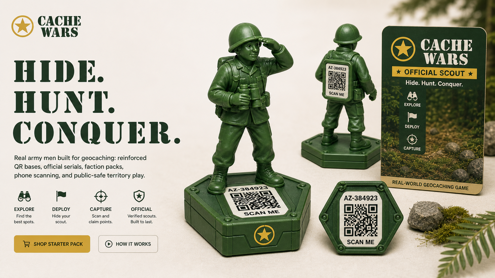 Modern Cache Wars official QR scout on reinforced hex base with scout card, rear QR pack, and freestanding QR base