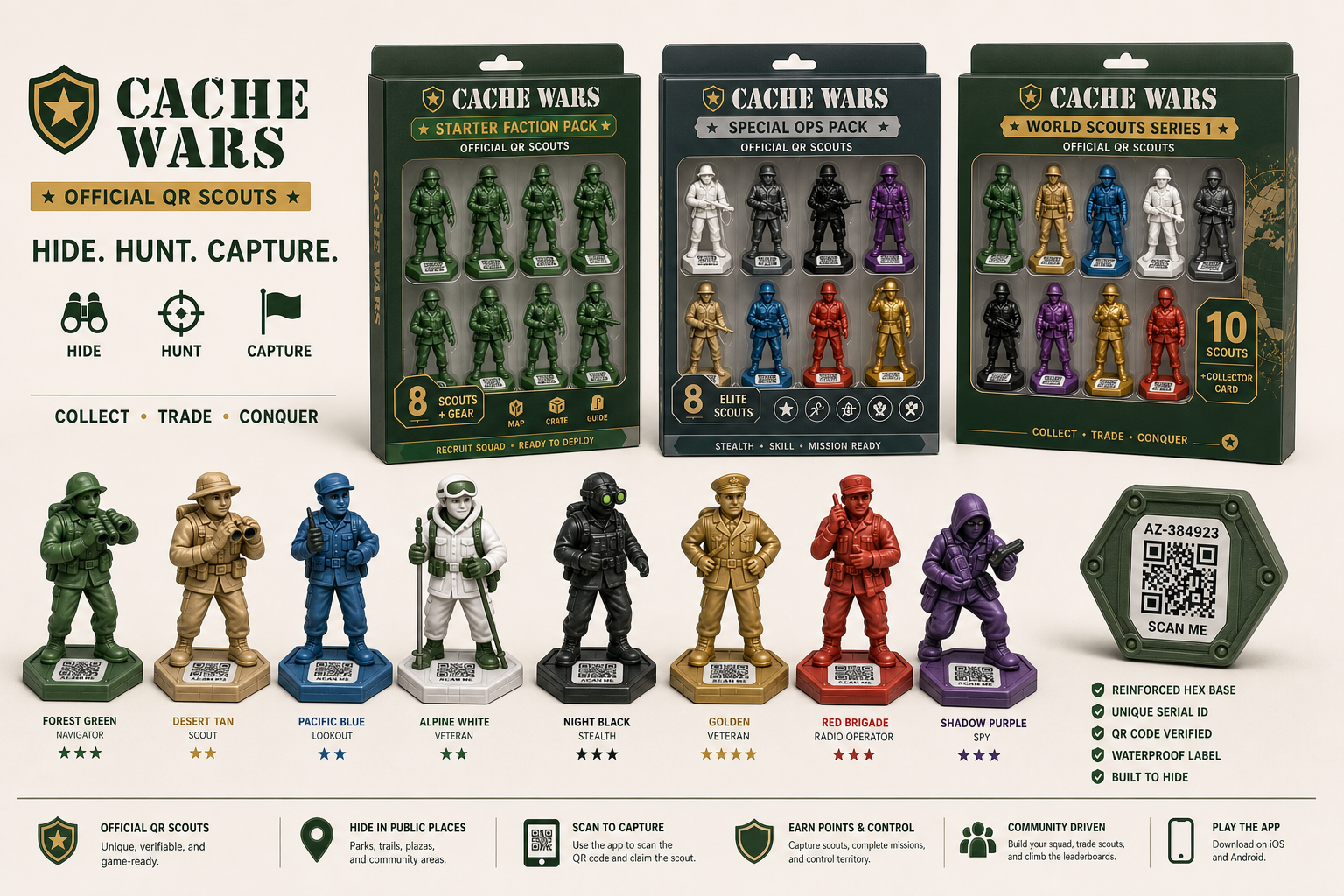 Cache Wars modern QR scout product packs with faction colors, special ops, world scouts, and reinforced QR bases